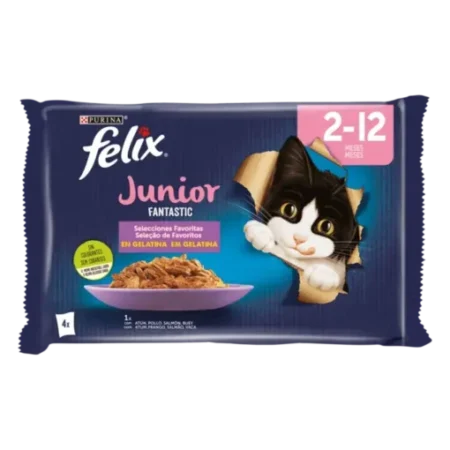 Purina Felix Fantastique Junior 4x85g – Repas Complets et Savoureux pour Chatons Gourmands avec Tendres Morceaux enrobés de Gélatine Succulente