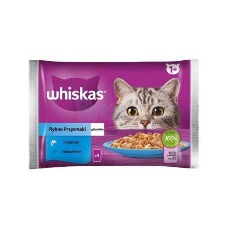 Whiskas Délices de Poisson pour Chats Adultes – Bouchées au Saumon et au Thon en Gelée – 4 x 85g (340g)
